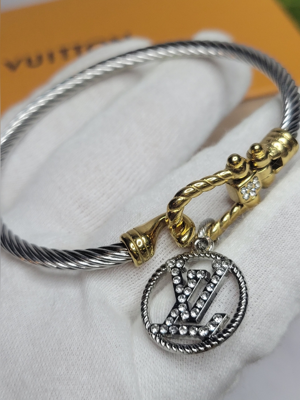 2 Tone Stainless Steel/Gold Cable Bangle Bracelet, LV Crystal Zip Pull